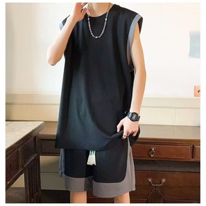 W331-P45 冰丝运动套装2025夏季男生酷帅一套休闲短裤背心两件套图片
