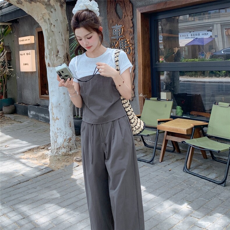 灰色假两件拼接套装女2025年夏季新款高级感休闲上衣阔腿裤两件套,女装套装/套裙,2C305