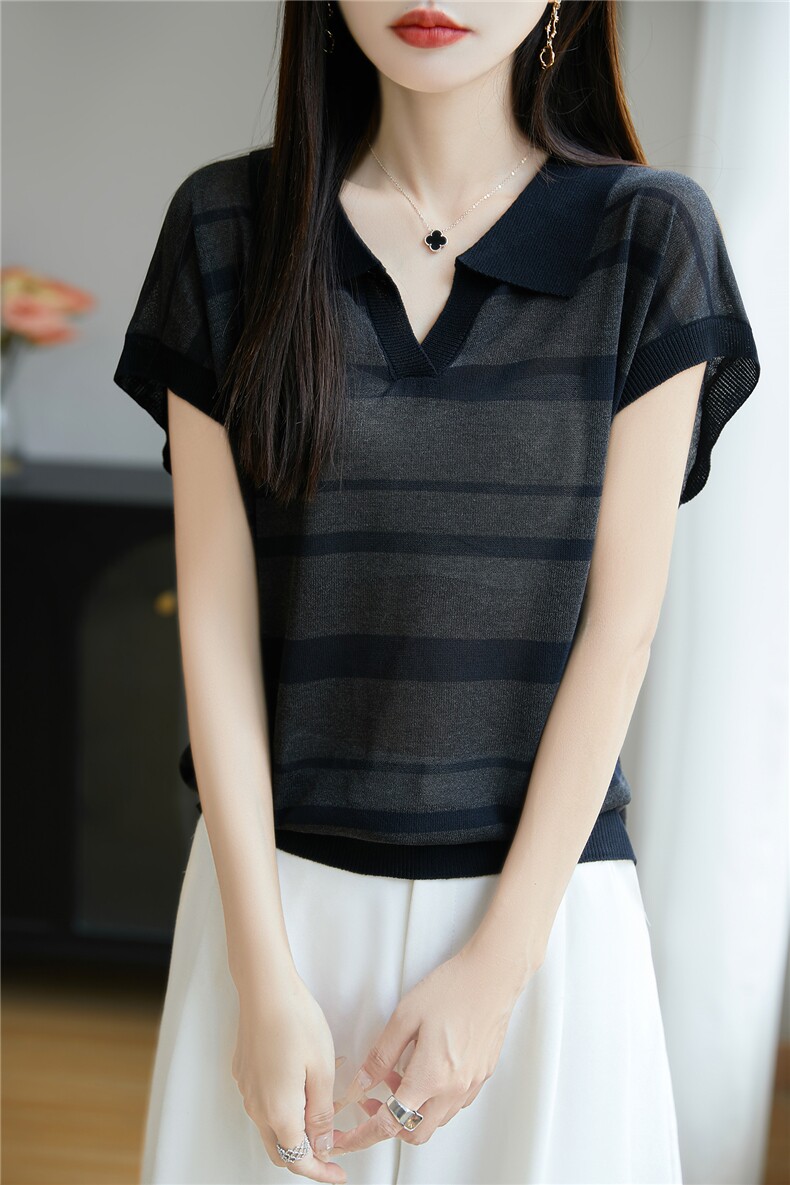 深灰色Polo领短袖T恤女2025夏季新款撞色条纹运动风百搭轻薄上衣,女装T恤,唐诺