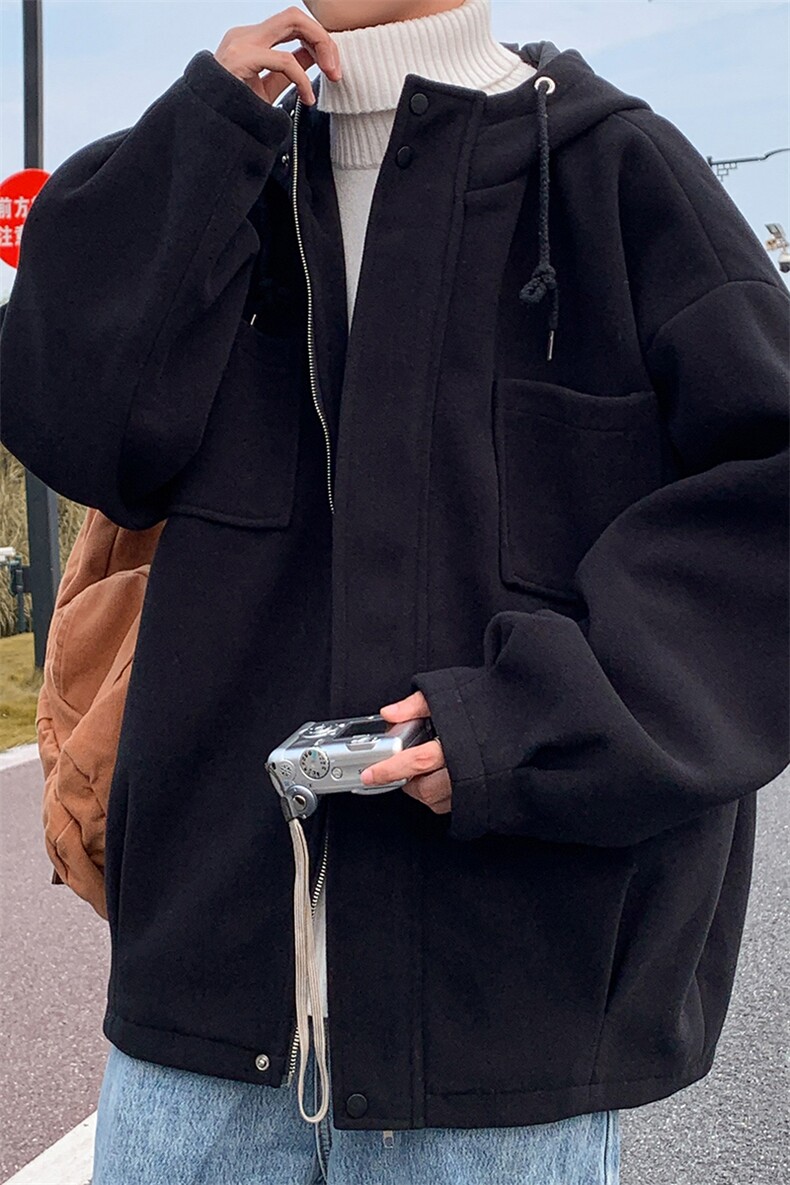 N3108/P95秋冬中性风连帽毛呢大衣男女呢料夹克潮宽松外套大码,男装毛呢大衣,电商A141