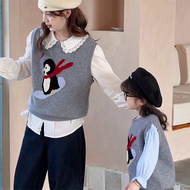 亲子企鹅马甲时尚百搭通勤休闲，童装马夹/背心，伊绒腾羊绒