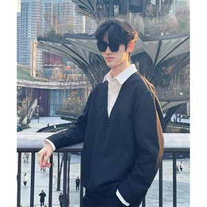 慵懒简约原宿潮流文艺ins新款假两件卫衣男士衬衫春秋季 CS22图片