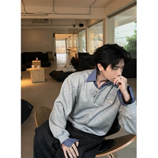 网图-WY10-P5825春装假两件套头卫衣格子拼接上衣套头衫内搭，男装卫衣，电商B327