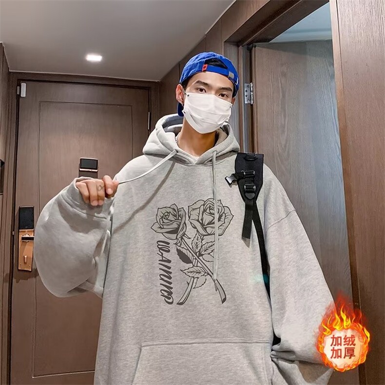 2023新款潮牌卫衣男青少年秋季休闲连帽套头印花帽衫YJ69加绒P30图片