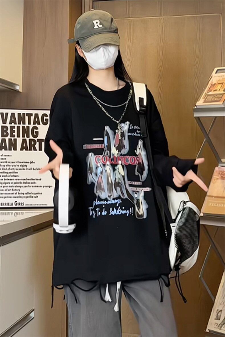 特P中性港风女模宽松时尚个性印花长袖圆领项链T恤CT011P45控75,男装T恤,电商A268