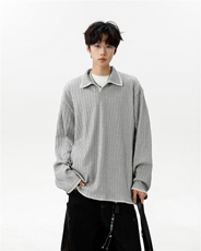 美式简约翻领亨利领百搭设计麦穗纹手缝线polo衫长袖卫衣WY02TP40，男装Polo衫，电商B318