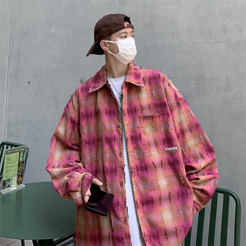 E03-P70春秋季高级感格子衬衫男美式潮牌宽松情侣衬衣,男装衬衫,星座512-6
