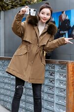 棉衣/棉服2021新款冬仿羊羔毛中长款工装带帽棉服女外套配毛领，女装派克服，瑶迪依秀