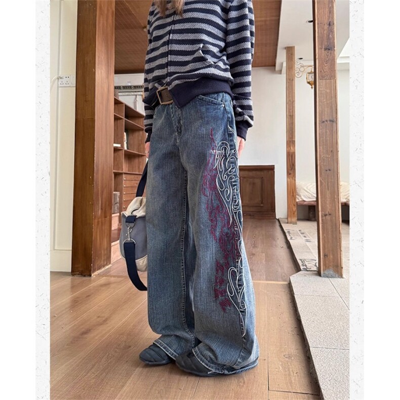美式复古刺绣宽松直筒竹节纹牛仔裤男女阔腿街头cleanfit长裤潮图片