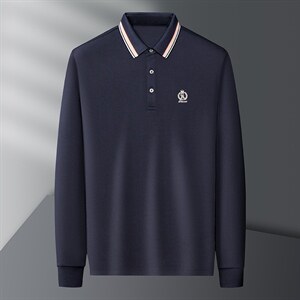 新款男士长袖t恤翻领纯色春秋季中年男装宽松免烫刺绣polo衫薄款图片