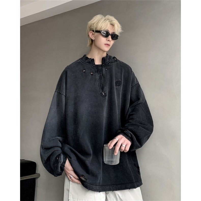 706-1-WY605-P65现货秋季男士复古水洗立领半拉链卫衣潮牌外套,女装短外套,星座706-1