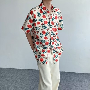港风复古花卉满印短袖衬衫男夏季设计感宽松休闲夏威夷花衬衣C665图片