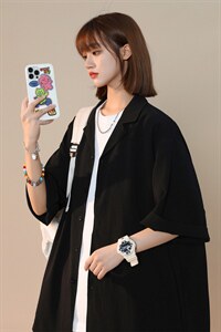 C6026/P35夏款2023新款中性风短袖衬衣男女大码开衩弹力衬衫控58图片