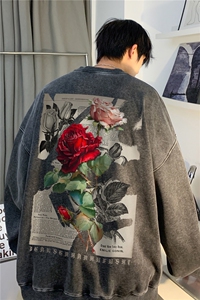 INS美式高街复古水洗卫衣花朵印花宽松卫衣JK23392特批48-控79图片