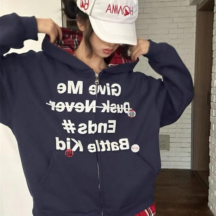 假两件拼接格子连帽卫衣外套女2025秋季新款春秋款美式情侣开衫秋,女装短外套,星座1210-1