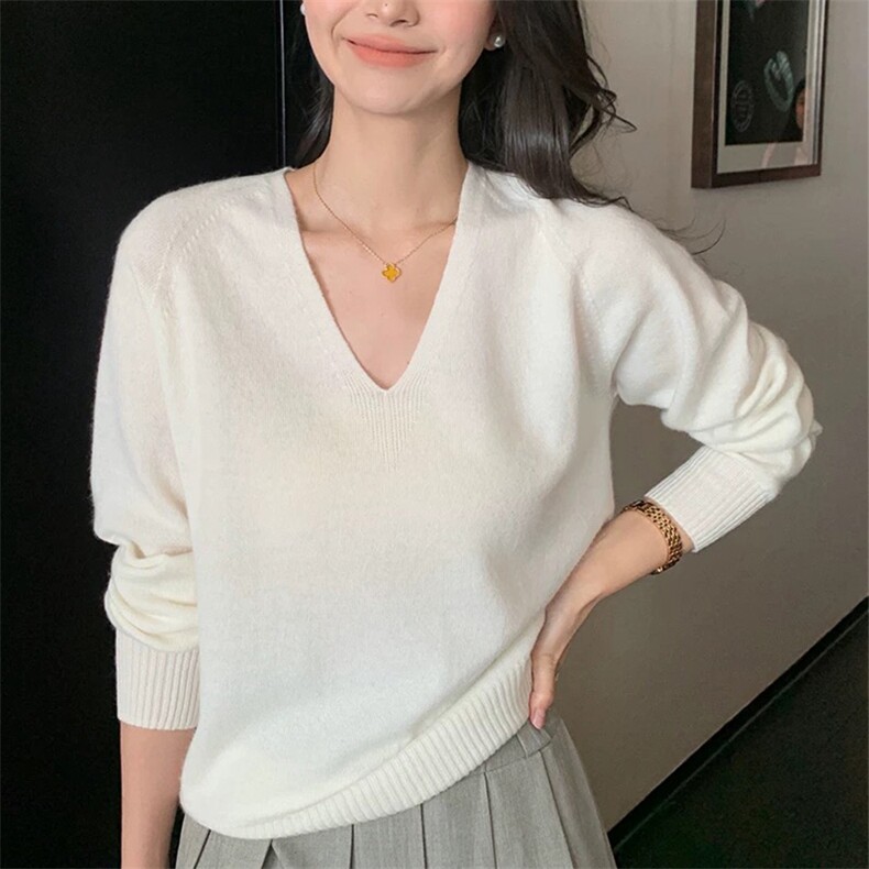 【软黄金·山衫】V领无缝一体针织毛衣慵懒纯色套头打底上衣,女装羊毛衫,泰沅羊绒