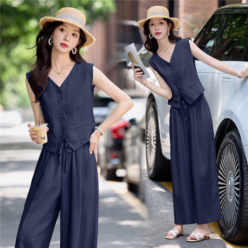 高端亚麻无袖休闲套装女2025夏季爆款小香风气质显瘦阔腿裤两件套，女装套装/套裙，E百度