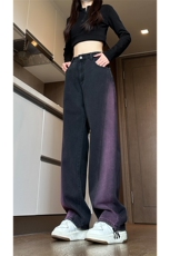 现货黑紫色拼接宽松阔腿直筒撞色休闲牛仔裤男女K5820-P50控78，男装牛仔裤，星座205