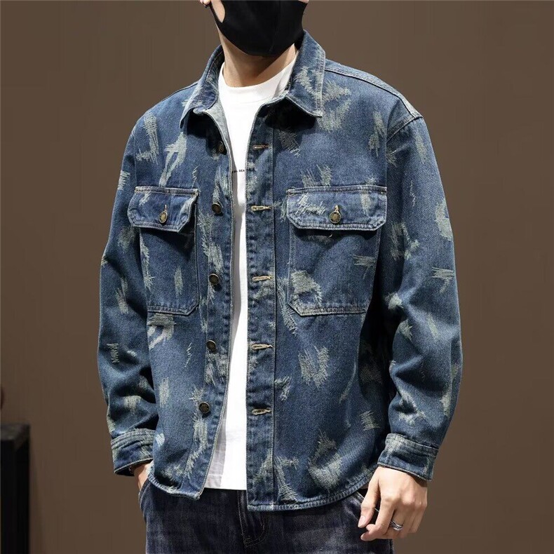 25宽松牛仔外套男衬衫复古提花夹克春秋帅气潮胖衬衣YY6602-批68，男装夹克，电商C216