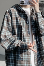 连帽格子衬衫男春季宽松大码慵懒风复古潮牌格纹休闲外套CS29011，男装衬衫，电商B312