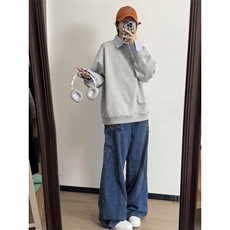 抖音得物高品质26春装美式高街假两件衬衫领长袖卫衣POLO领打底衫，男装T恤，电商A486