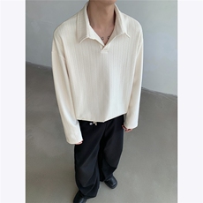 美式老钱风V领POLO衫男麦穗条纹cleanfit长袖卫衣外套2025秋季P35，男装Polo衫，电商C306-1
