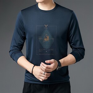 2023春秋季男士长袖T恤印花圆领休闲纯色宽松套头上衣打底衫图片