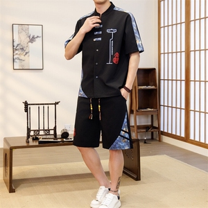 潮风套装男新中式短袖衬衫时尚休闲短裤两件套JZ306-P58,户外速干短袖衬衫搭配什么裤子图片