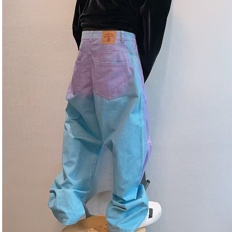 水蓝色喷漆做旧彩虹撞色直筒裤休闲裤男潮牌炸街牛仔破洞NZ33/P55,男装休闲裤,星座506