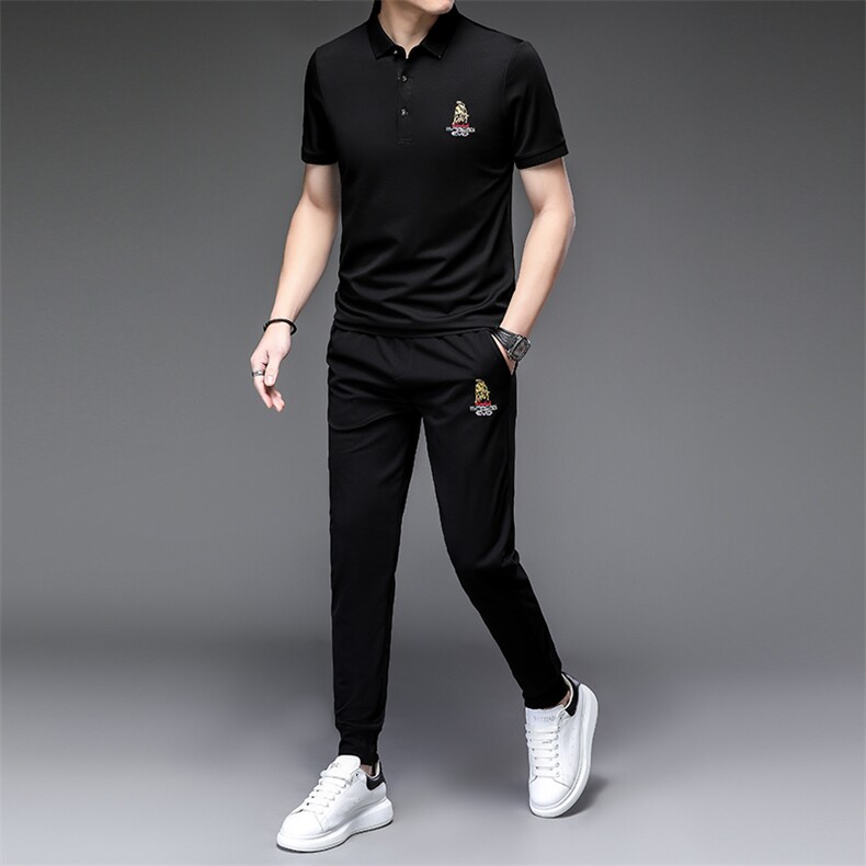 轻奢品牌男装短袖T恤套装欧货刺绣polo衫长裤运动休闲翻领,男装休闲套装,电商B212（原钱塘6029）