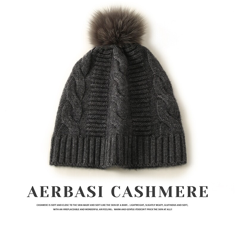 出口订单秋冬纯山羊绒针织帽子女加厚绞花狐狸毛球护耳毛线帽时尚，帽子，蒙娇羊绒