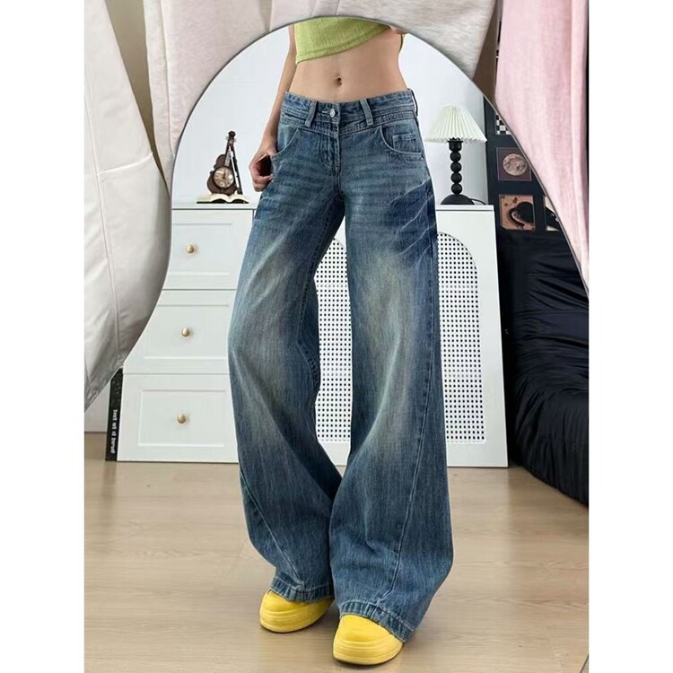 美式水洗阔腿微喇牛仔裤女夏季低腰宽松显瘦百搭垂感直筒拖地裤子,男装牛仔裤,星座218-8