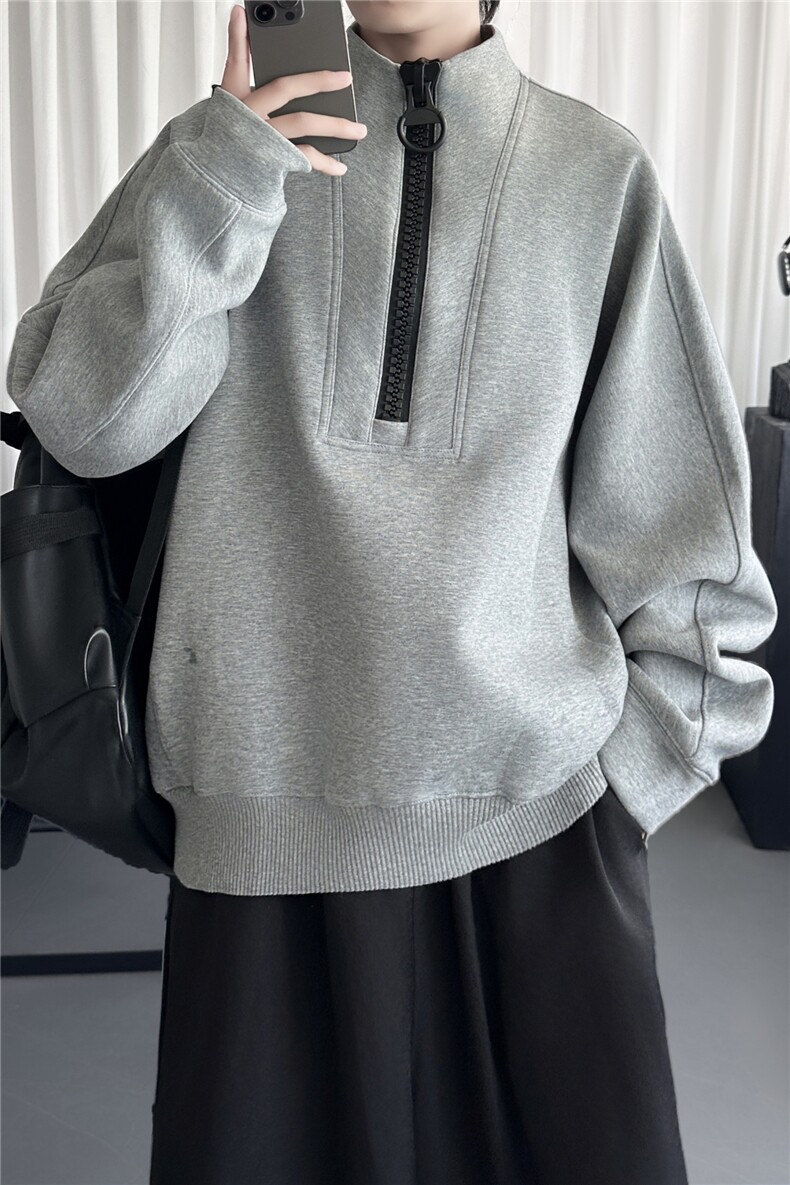韩版解构设计灰色半拉链长袖套头卫衣男女同款RT327-P88,男装卫衣,星座1017