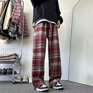 毛呢加绒格子裤女秋冬加绒加厚小个子直筒阔腿裤百搭高腰休闲卫裤图片