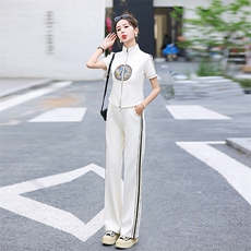 新中式刺绣两件套女2024夏季新款时尚气质百搭显瘦阔腿裤休闲套装，女装套装/套裙，梦依杭