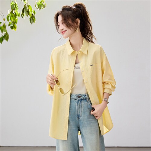 2026春夏新款蓝衬衫女宽松显瘦元气少女感衬衣韩版松弛感慵懒风，女装衬衫，艾米