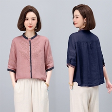 2025夏季新款时尚圆领拼色长袖衬衫女欧洲站高级感苎麻百搭上衣潮，女装衬衫，凝聚力