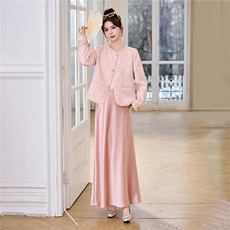 新中式G风套装女2026春新款优雅时尚复古盘扣刺绣文艺范两件套裙，女装套装/套裙，时尚俏佳人