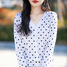 优雅气质软糯精纺羊毛针织开衫女2025新V领波点打底宽松显瘦外搭，女装针织衫/毛衣，片语羊绒