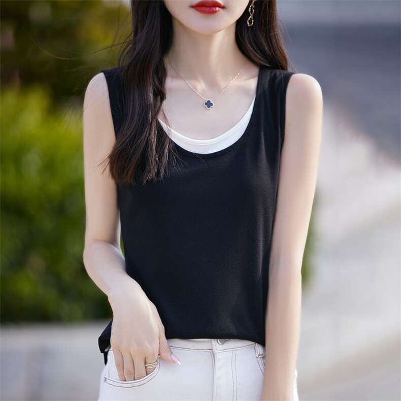 设计感假两件天丝针织吊带背心女夏辣妹宽松休闲撞色外穿无袖上衣,女装背心吊带,臻维羊绒
