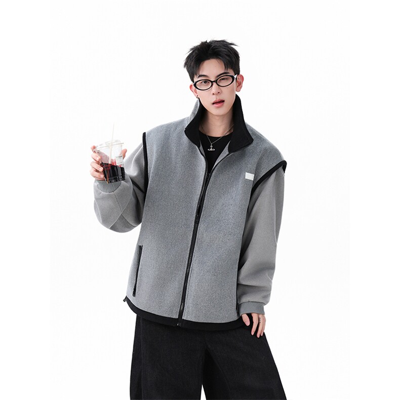 高级感灰色拼接毛呢外套男宽松休闲日常上衣潮XZ201-2A769P148，女装短外套，星座201-2