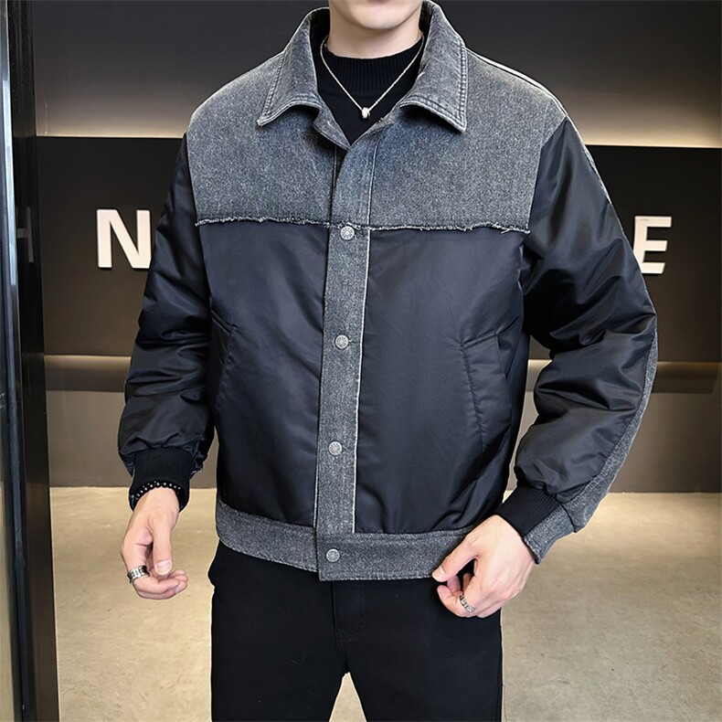 新标902025翻领拼接牛仔休闲宽松加厚保暖羽绒服外套5807-P295,男装羽绒服,电商A413