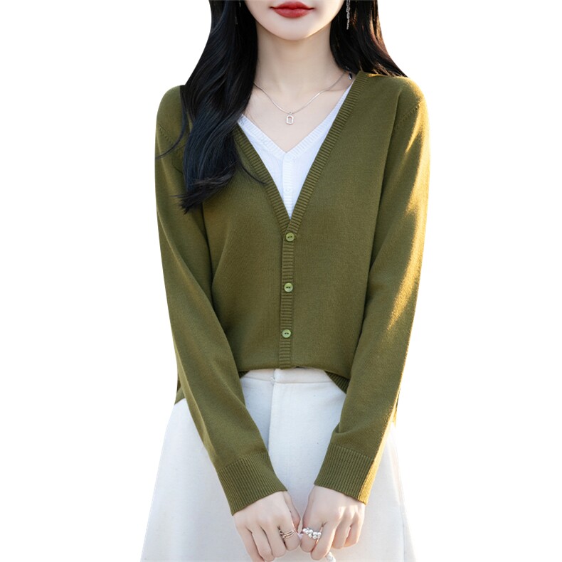 2025春秋新款V领假两件长袖针织外套女洋气减龄外搭毛衣薄款开衫,女装羊毛衫,片语羊绒