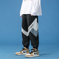 蓝底2024秋冬新款撞色拼接宽松束脚运动休闲潮牌裤子2111-P45控69，男装休闲裤，星座914-3