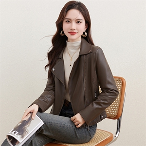 棕色加绒加厚皮衣外套女2023年冬季新款小个子季机车短款上衣夹克图片