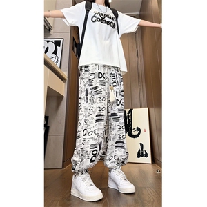 涂鸦不规则字母冰丝灯笼裤垂感宽松大码束脚裤504-K848-P50控78图片