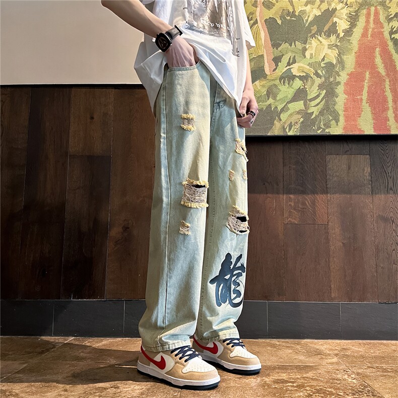 k1079-p55-控78 M-5XL 现货oversize cleanfit风黄泥牛仔裤破洞图片