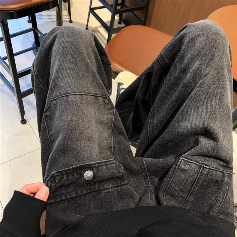 牛仔裤男秋季潮大码大口袋休闲裤子高街M874P44图片