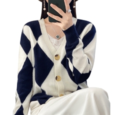 气质拼色长袖毛衣女修身显瘦针织时尚百搭羊毛开衫，女装羊毛衫，琳华羊绒