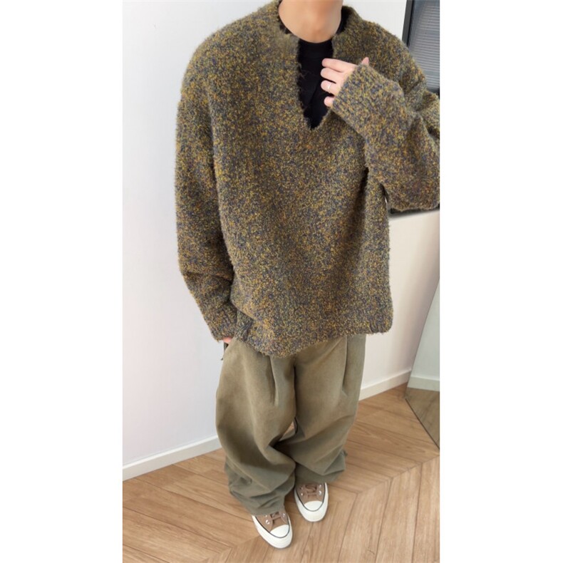 现货】含羊毛高品质原版资质量苔藓绿V领慵懒风毛衣M6698-特P65,男装针织衫/毛衣,星座1212
